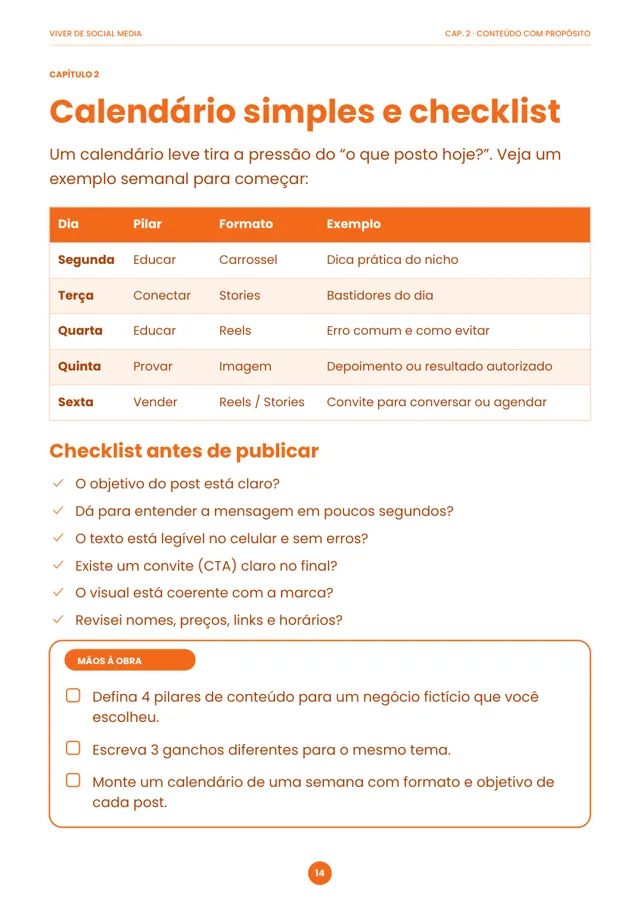 Página 14: calendário simples e checklist