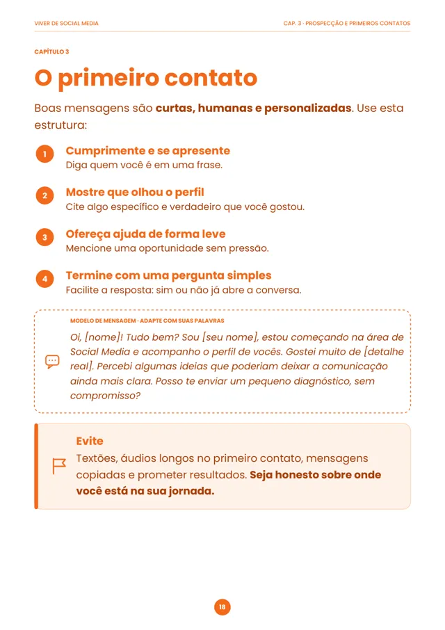 Página 18: o primeiro contato, com modelo de mensagem
